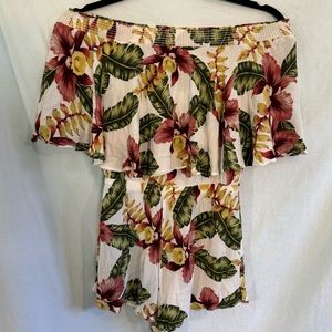 Show Me Your Mumu Floral Romper Off the Shoulder Pink Green Yellow Sz S